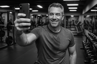 generate a middle aged guy at the gym in a selfie