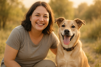 make an imgae of a smiling lady and a dog